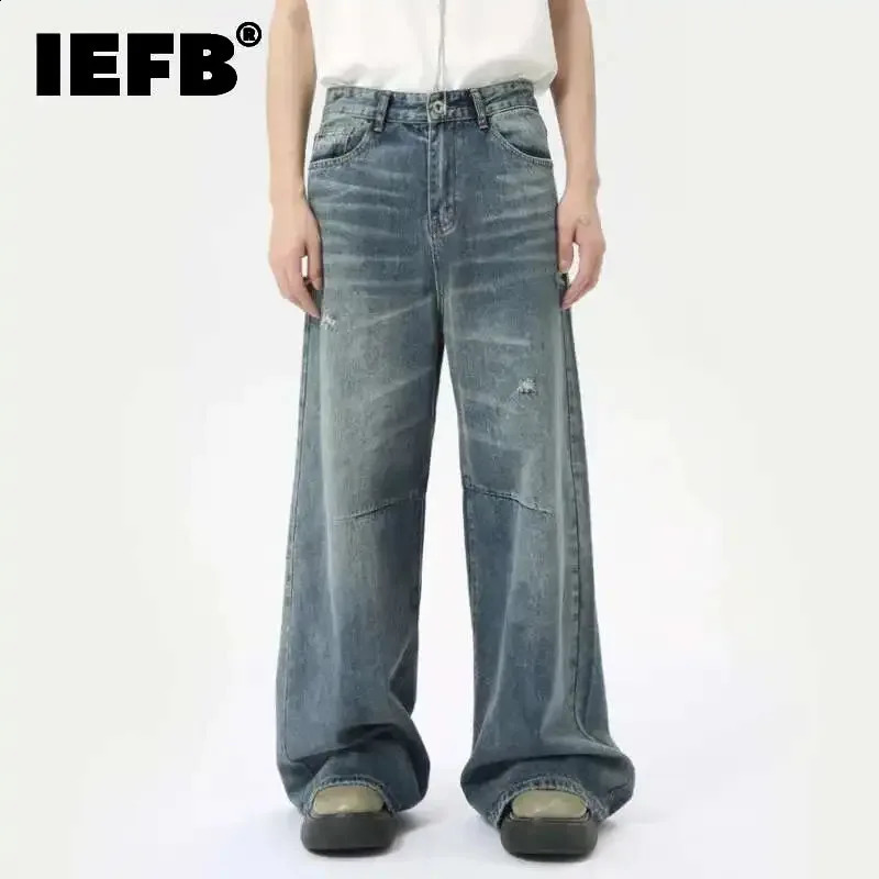 IEFB American Style Mens Denim Pants Washing Fashion Loose Mens Straight Trousers Casual Wide Leg Jeans Summer 9C6303 250805