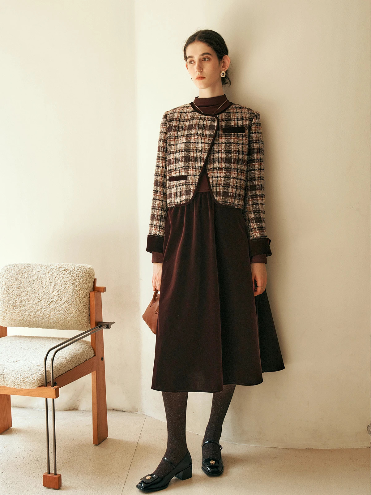 OLrain Twopiece Dresses Sets Women Spring Patchwork Velvet Midi Dress Tweed Plaid Jackets Elegant Ladies O56DE95268 250811