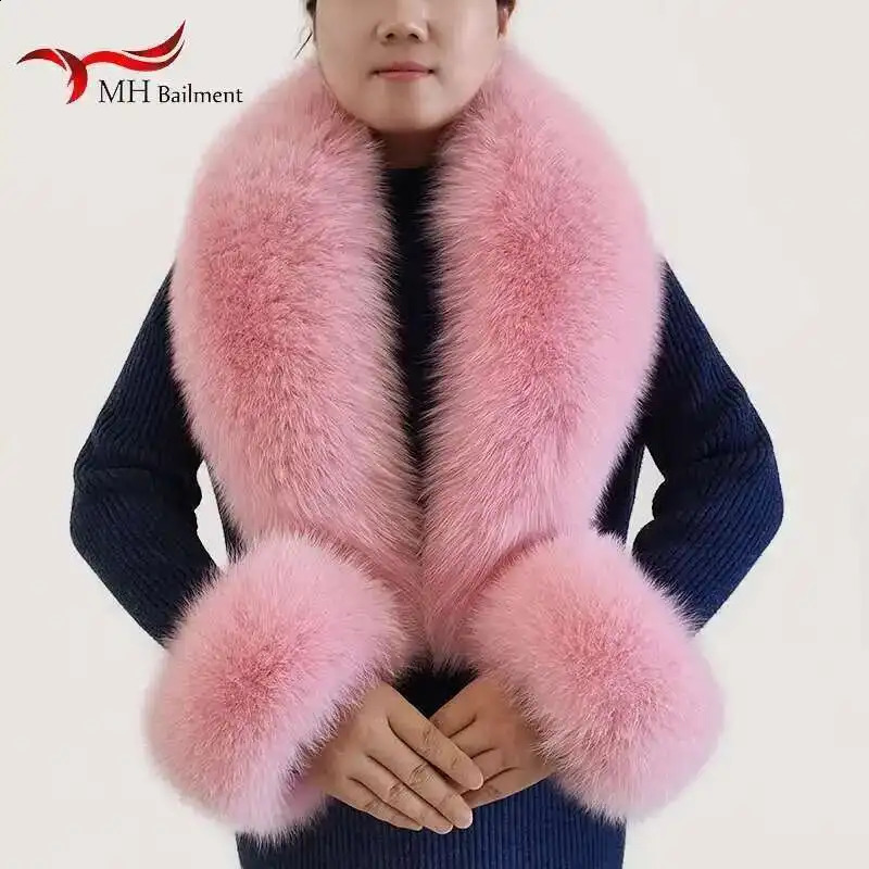 Winter Genuine Fox Fur Scarf Scarves Cuff Set Women Wraps Neck Warmer Furry Shawl Female Coat Fluffy Fur Collar Arm Cover 250808