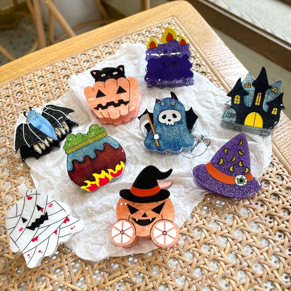 Halloween Pumpkin Acrylic Claw Magic Hat Cartoon Bat Back of Head Hair Accessory for Women