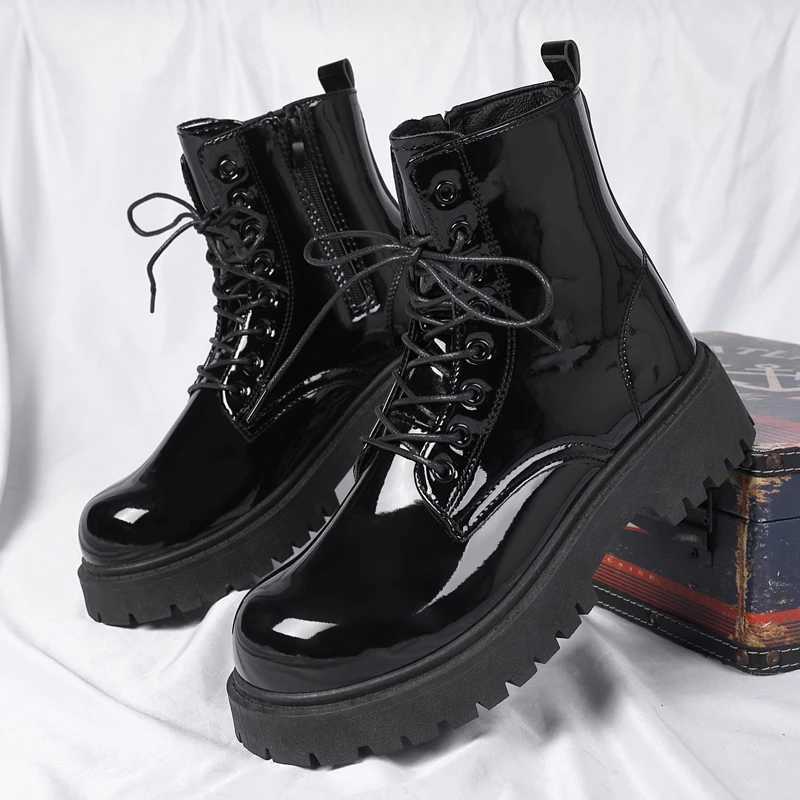 British Style Mens Boots Black Luxury Fashion Shoes Party Nightclub Patent Leather Boot Cowboy Platform High Motorcycle Botas W250811