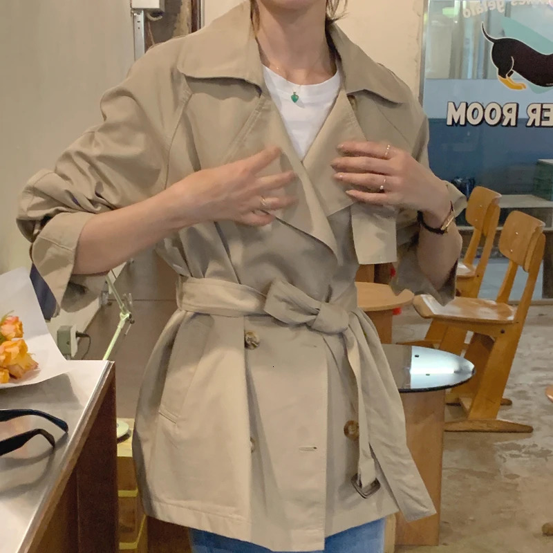 Womens Vintage Trench Coat Jacket with Belt Double Breasted Short Slim Windbreaker 250809