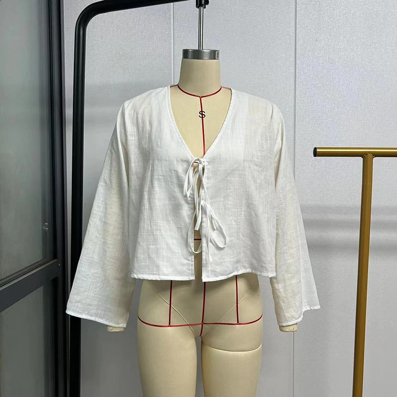 C. S Spring Female Street Tops Green Linen Lace Up Long Sleeve For Women Fashion Chic Casual Loose V Neck Shirt 250809