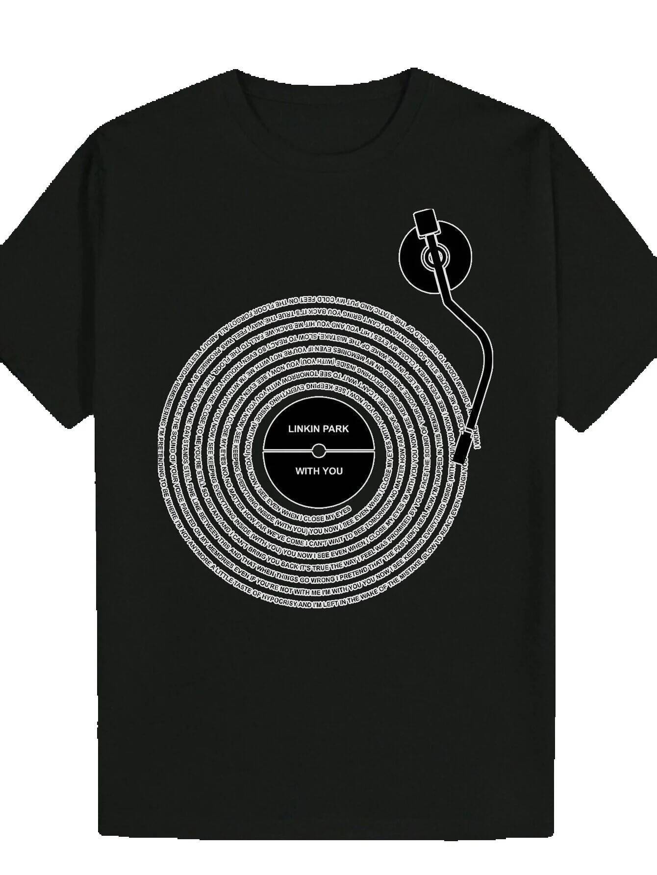 Men's Summer Casual Vinyl Record Pattern T-Shirt - Black Crew Neck, Machine Washable, Music Enthusiast Clothing Music-themed Shirt | Polyester fa