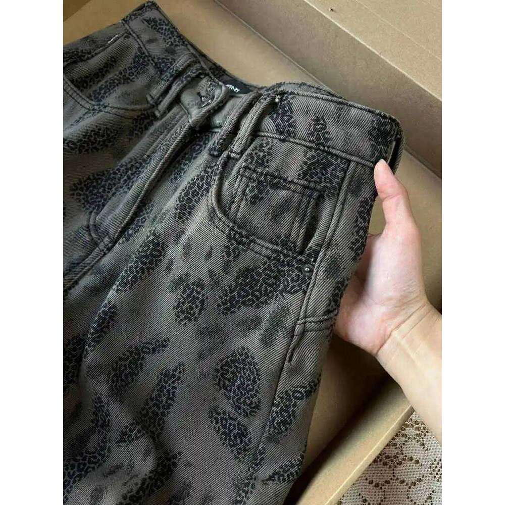 American Retro Leopard Jeans Women Autumn/Winter New High Waist Loose Thick Warm Denim Fashion Niche Straight Pants