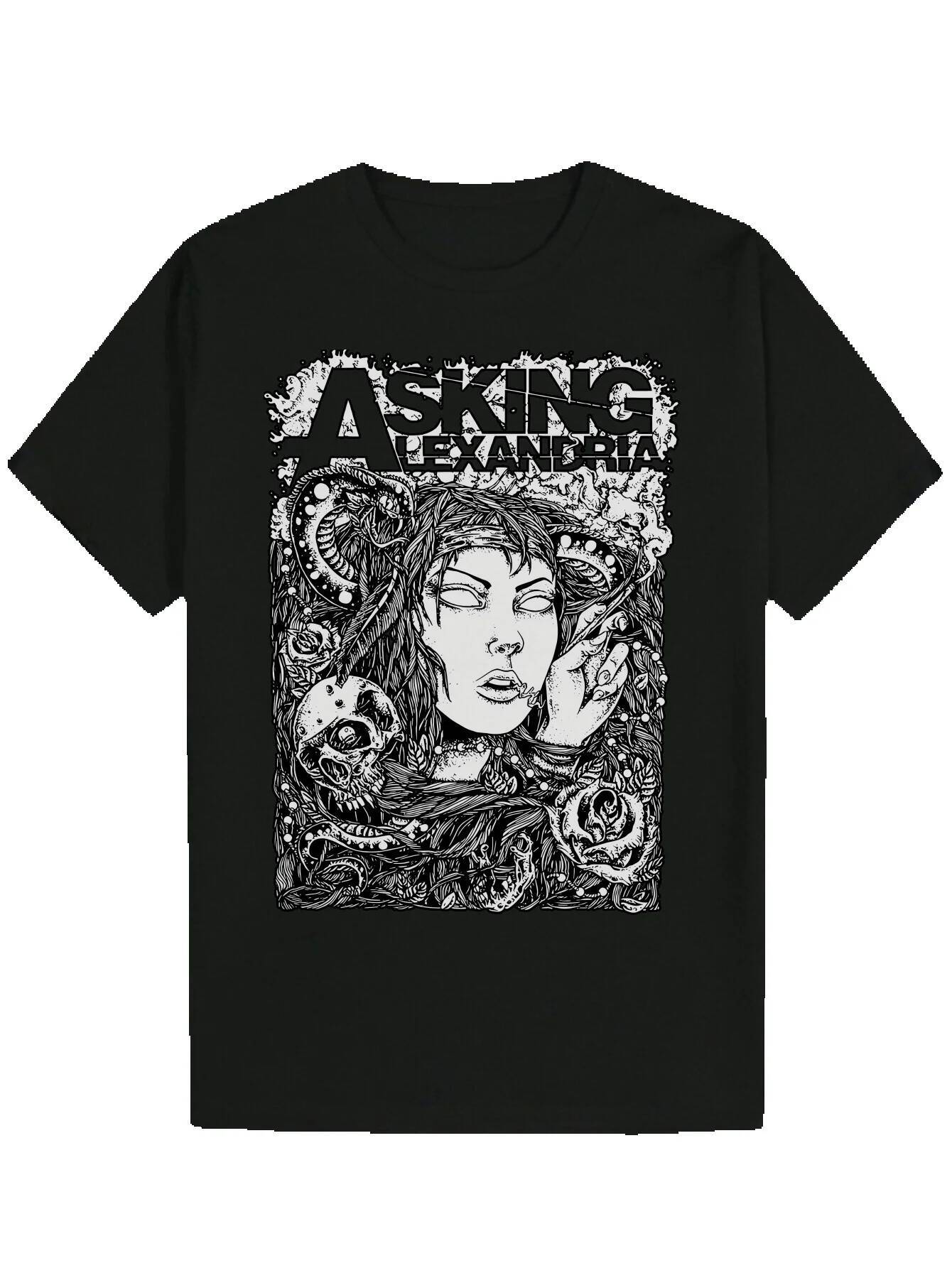 Men's Summer Casual Round Neck Polyester Pattern T-Shirt with Artistic Portrait Design - Black, Machine Washable, Regular Fit ff863