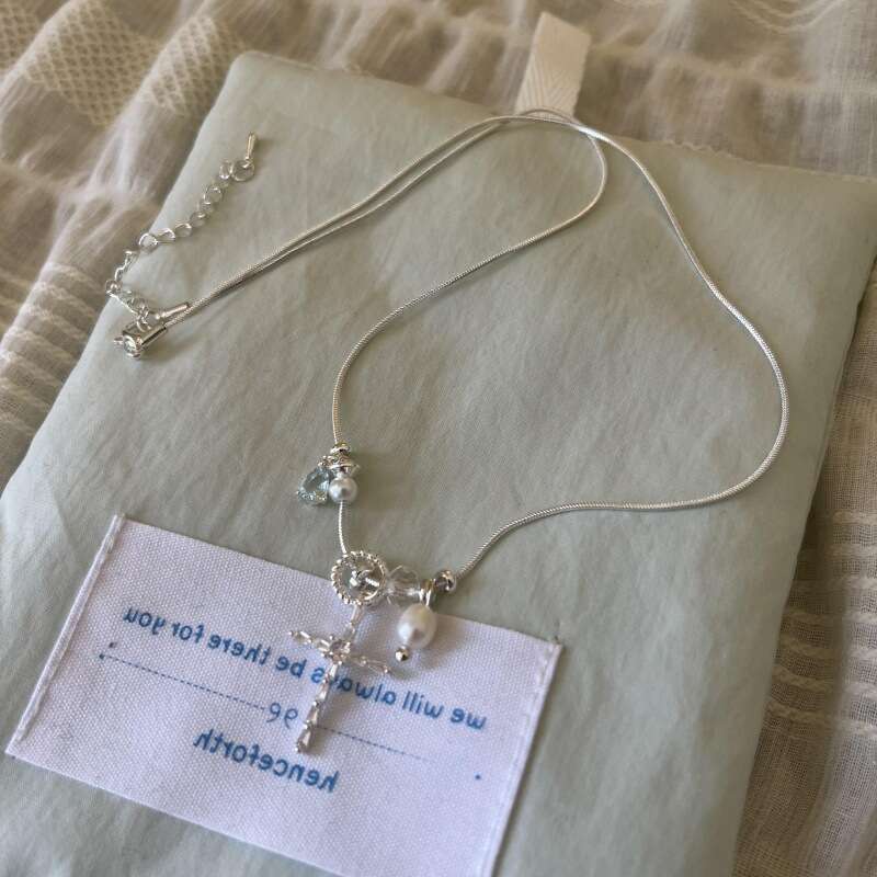 Natural Pearl Blue Water Drop Zircon Collarbone Chain Elegant High-end Fresh Versatile Cross Internet Celebrity Necklace