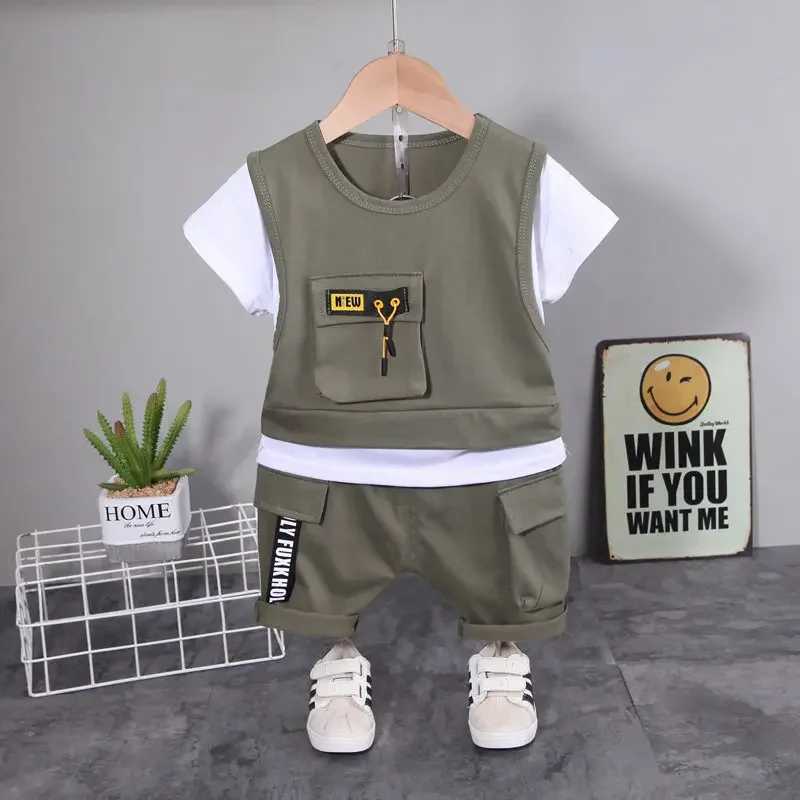 New Children Cotton Clothes Summer Kids Boys Patchwork T Shirts Shorts Pants 2Pcs/sets Infant Kids Toddler Tracksuits 0-5 Years Z250811