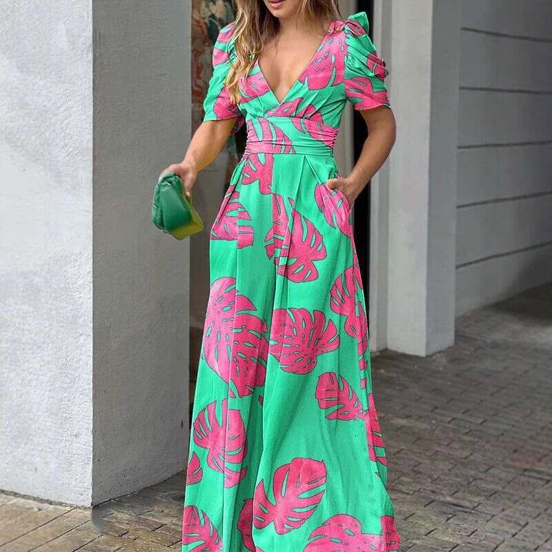 Women's Clothing Spring Fashion Temperament V Neck Waist Short Sleeved Wide Leg Jumpsuit