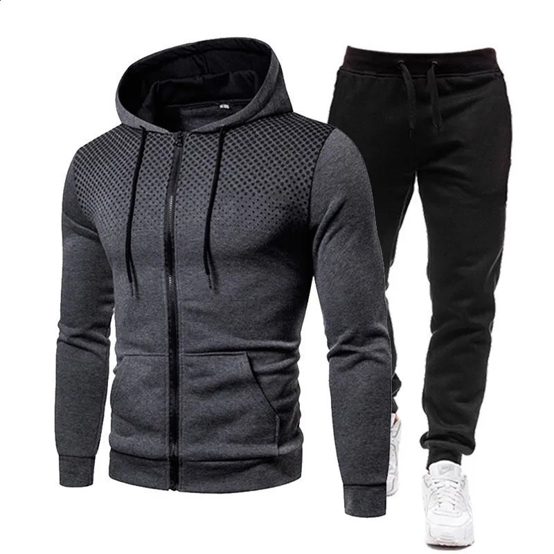 Autumn and Winter Mens Sports Set Outdoor Fashion Running Training Clothing Wave Dot Printed Zipper Hoodie Two Piece Set 250809
