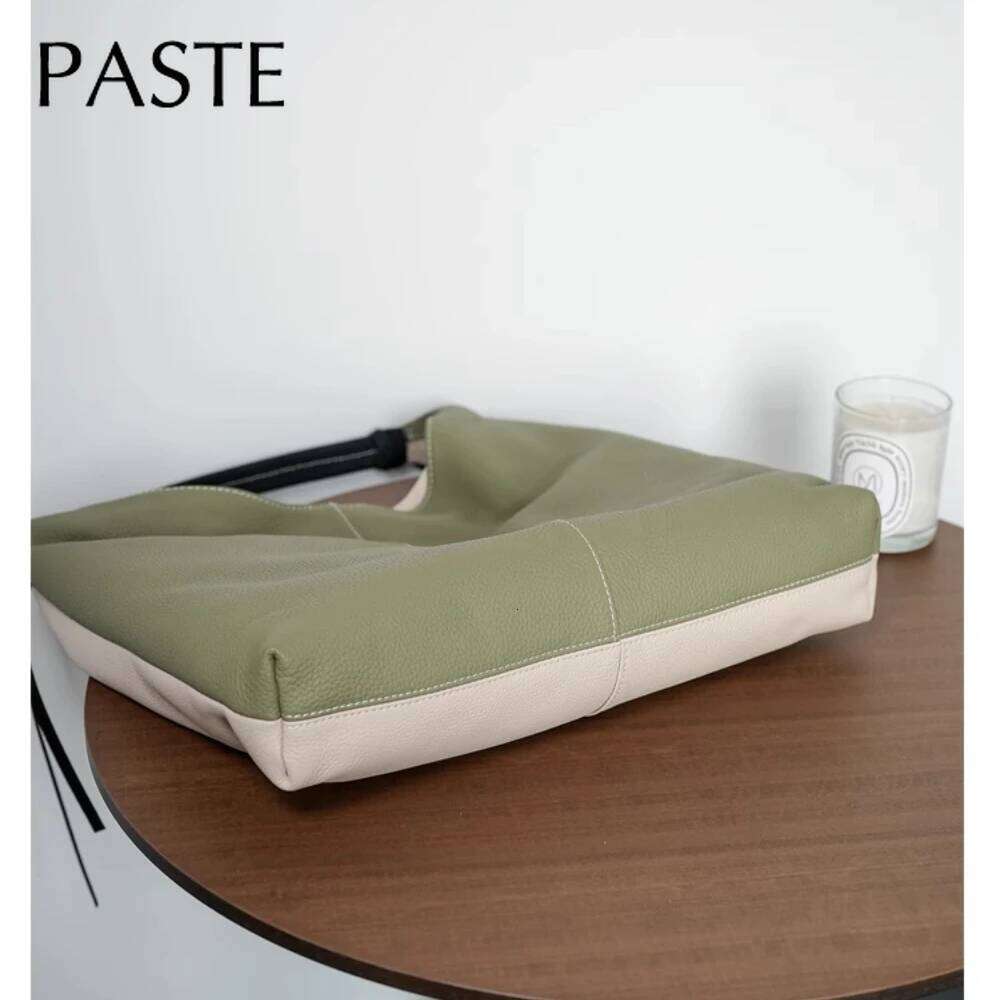 New Simple Huge Capacity Green Travel Tote Hit-color Genuine Cow Leather Women Handbag Leisure Female Armpit Shoulder Bag