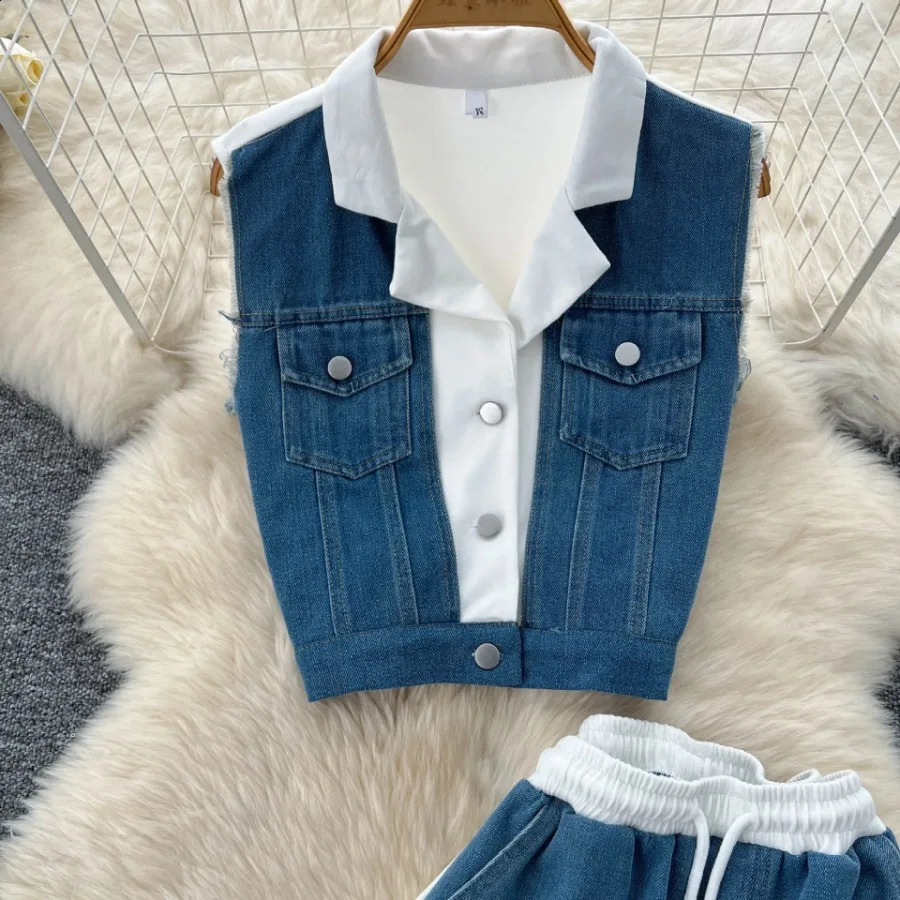 Jeans 2 Piece Set Women Streetwear Outfits Denim Vest Sleeveless Single Breasted Distressed Wide Leg Pants Casual Ensemble 250806