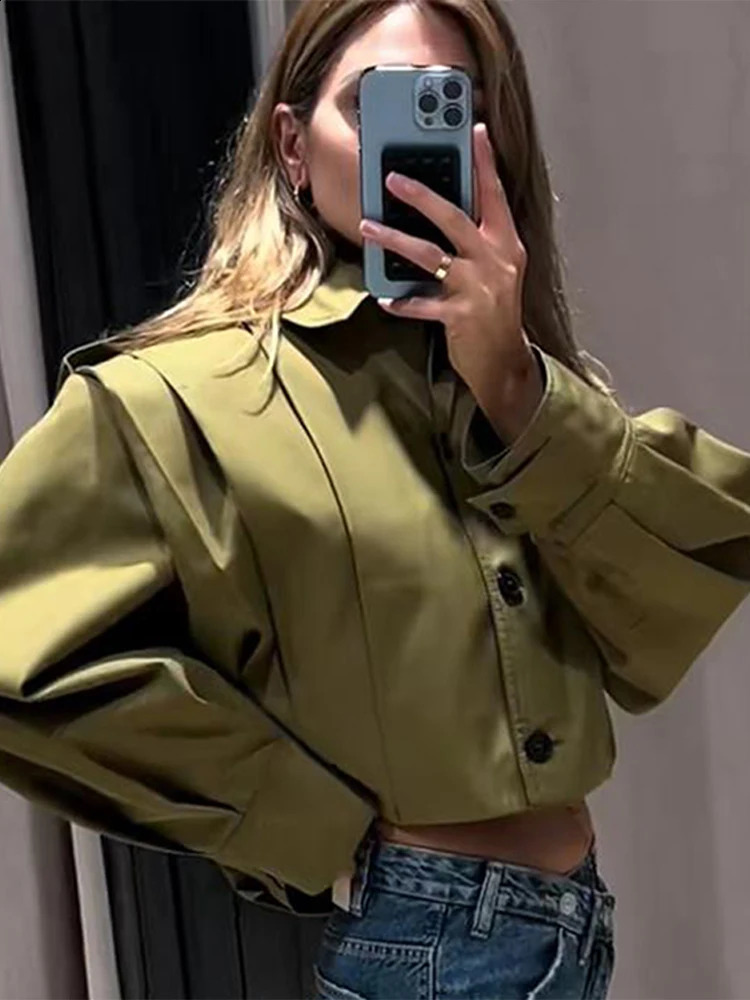 Street Button Jacket Women Baggy Lapel Single Breasted Long Sleeve Solid Crop Coat Female 2025 Spring Autumn Casual Lady Outwear 250805