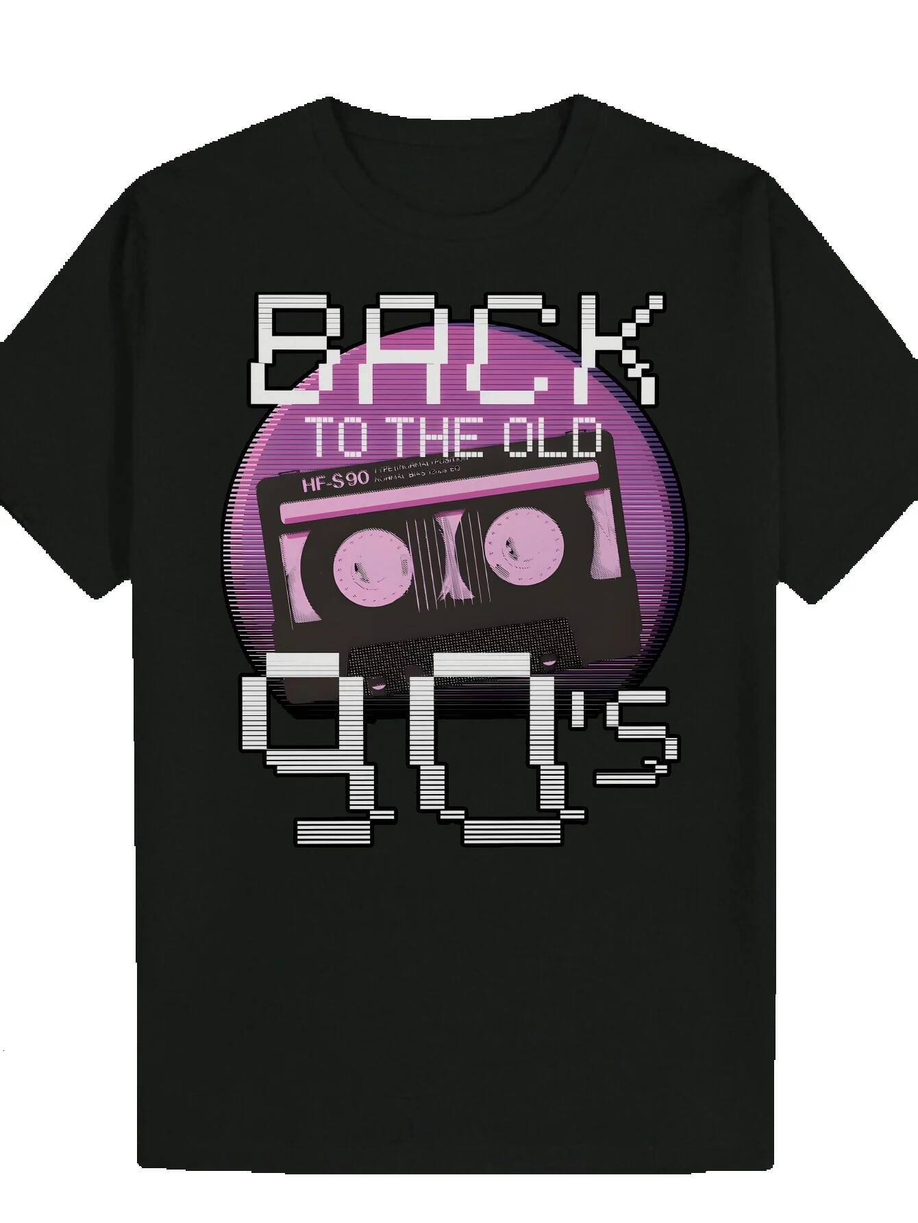 Men's 90s Graphic T-Shirt - Cassette Tape and Bold Letter Print, Black with Pink Tone, Breathable Polyester, Regular Fit Casual Summer T-Shirt, M