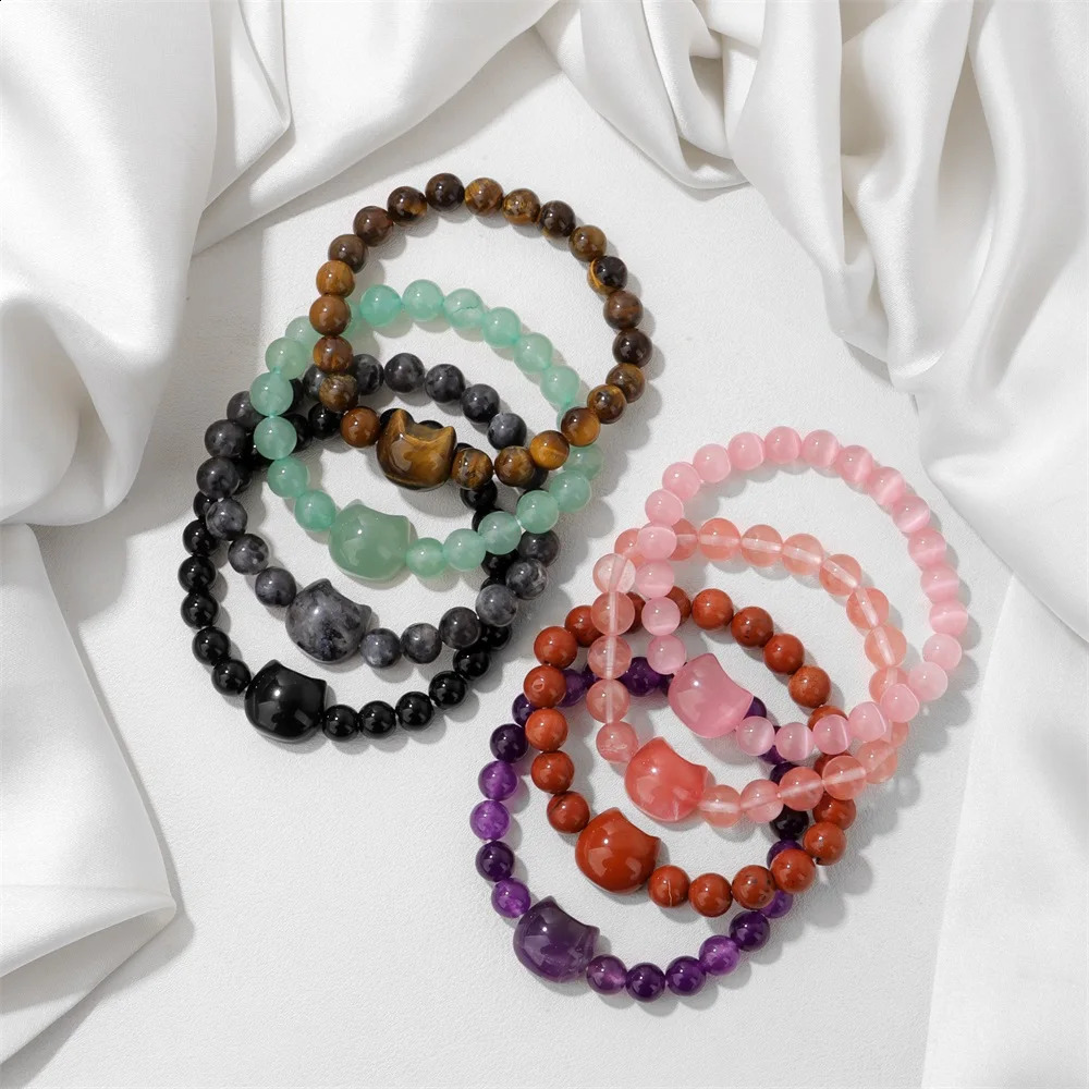 Unique Cute Cat Head Stone Bracelet For Women Natural Beaded Blue Lace Agates Bracelet Men Elastic Jewelry Friendship Party 250805