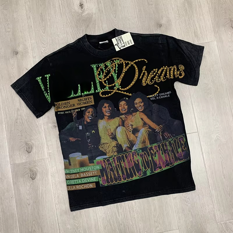 Rhinestone Bing T Shirt Men Women Character Pattern Printing T-Shirt Vintage Washed Black Cotton Tee With Tag