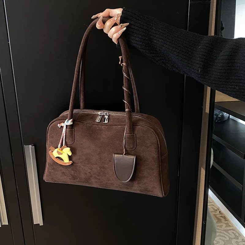 Niche retro single-shoulder handbag bowling bag matte suede single-shoulder crossbody small square bag 250809