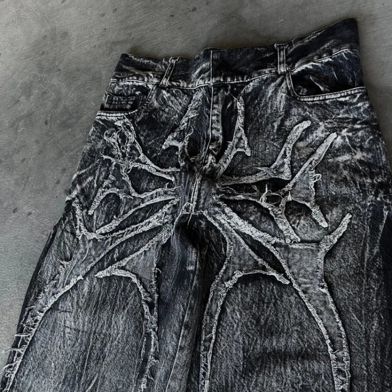 Y2K Phantom Jeans High Street Spider Embroidered Patch Hip Hop Streetwear Gothic Retro Oversized Baggy Fit Unisex Mopping Pants 250805