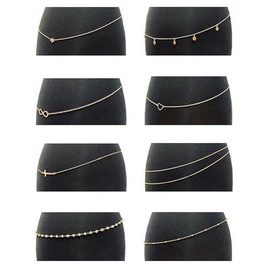 8Pcs Sexy Body Chain Belly Waist Chain Necklace Summer Beach Bikini Bra Body Jewelry for Women Gold Tone