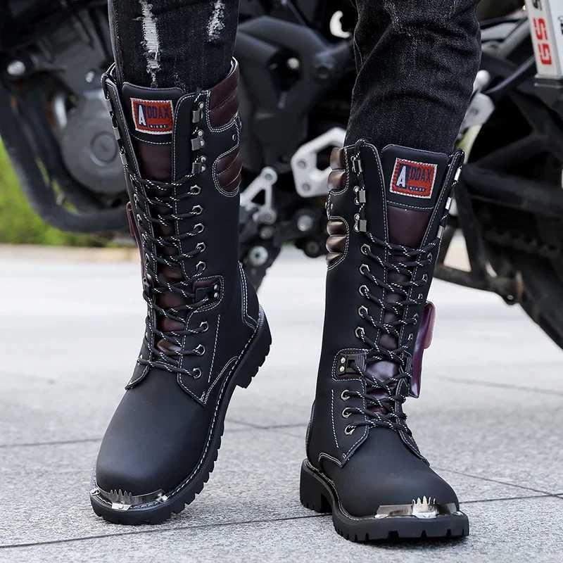 Fashion Punk Motorcycle Boots Men Boots Winter High Heel Casual Lace-up Leather High Black Biker Solid Boot Military Men Shoes W250811