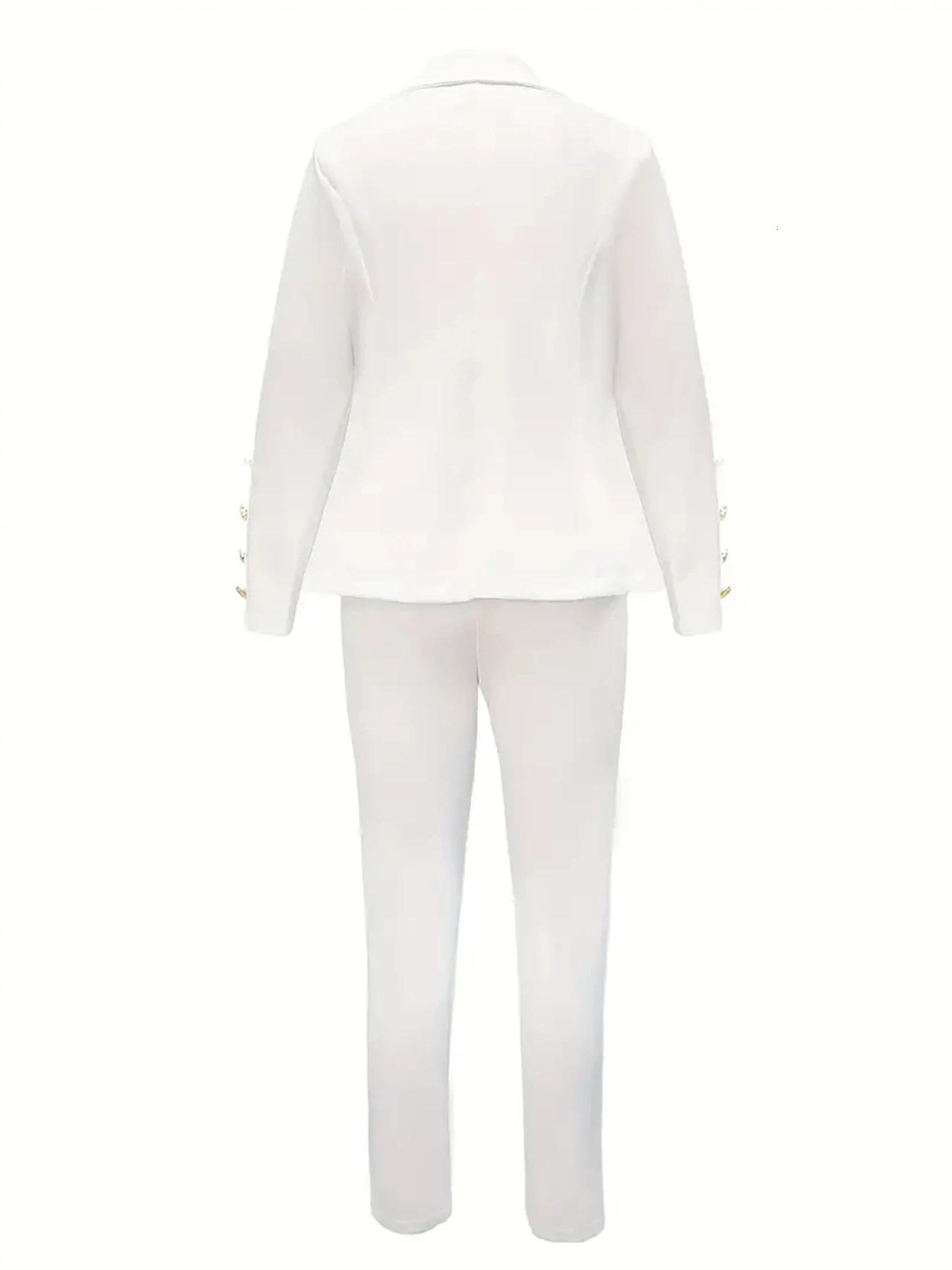 Womens White TwoPiece Suit Set Double Breasted Long Sleeved Lapel Jacket and High Waisted Slim Pants 250811