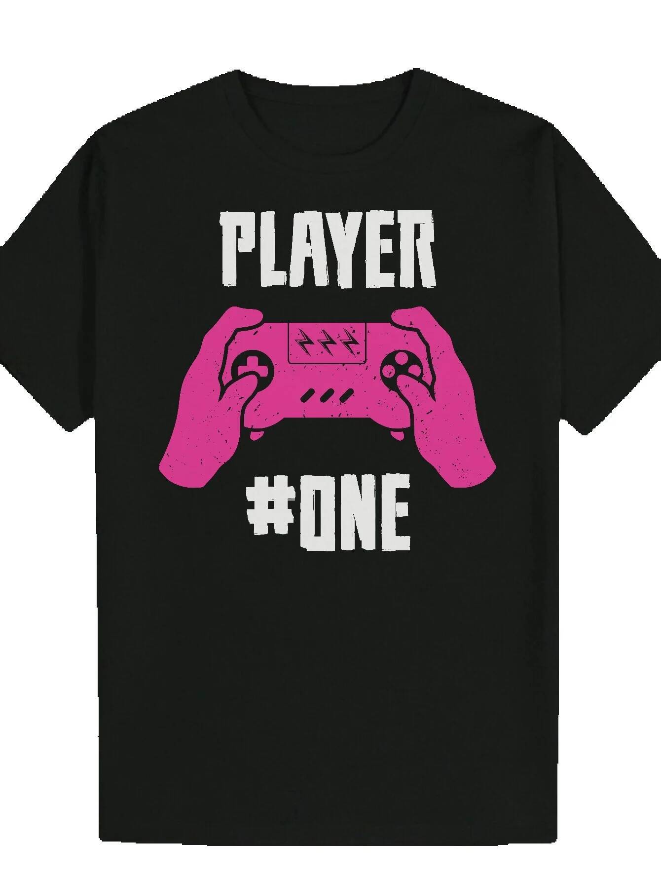 Men's Black Game Graphic T-Shirt - Gamer One with Pink Controller Print, Casual Crew Neck, Short Sleeve, Summer T-Shirt, Gaming Apparel Bold Cont