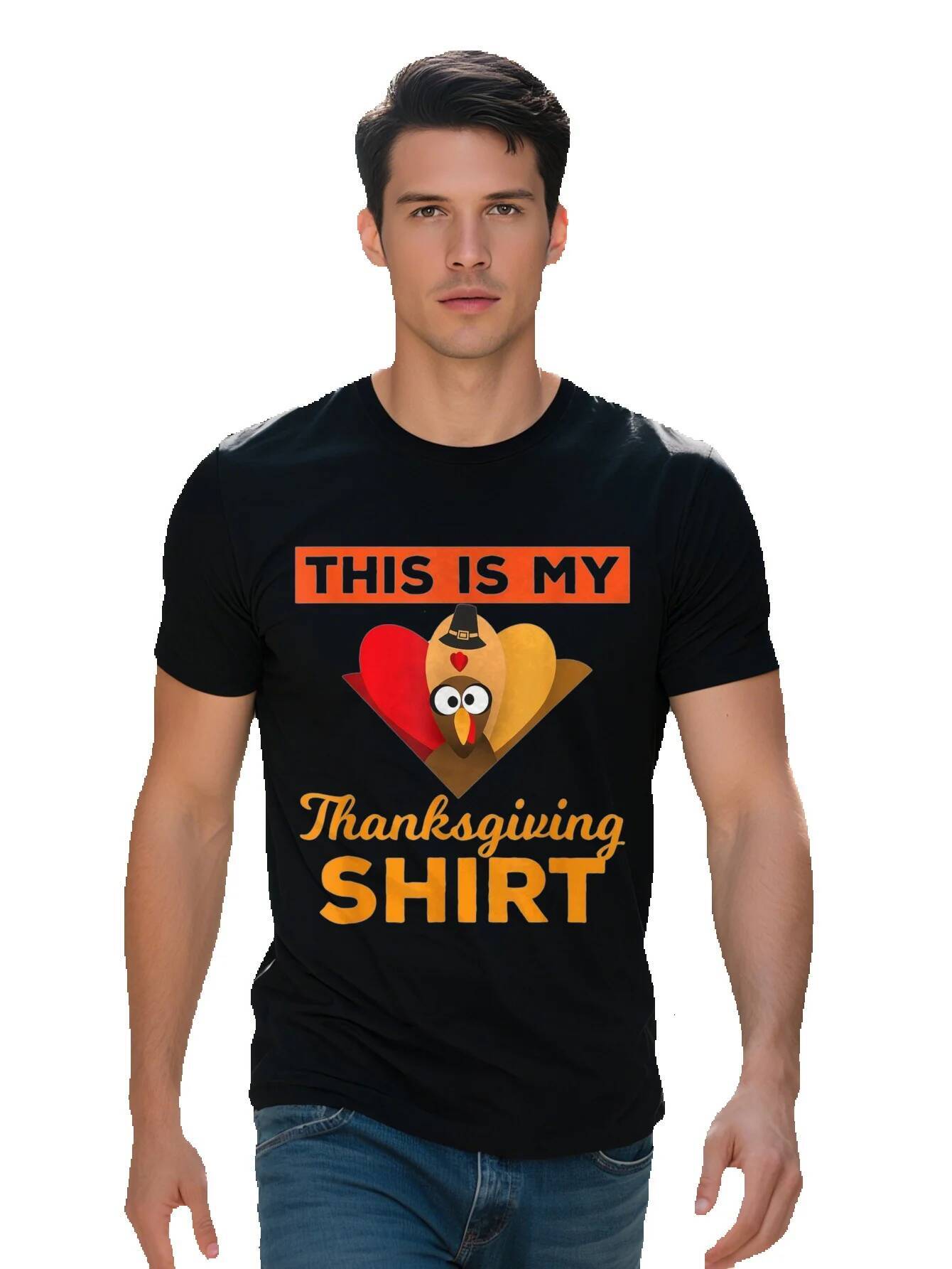 Joyful Men's Cotton T-Shirt This is My Thanksgiving Shirt Cartoon Turkey Graphic Round Neck Short Sleeve 52b9b 44761