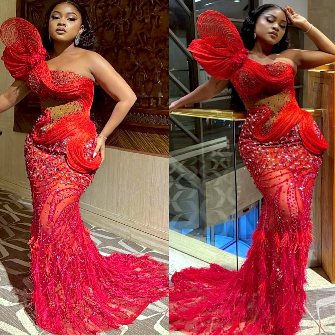 Red Mermaid Prom Dresses 2025 Feather Crystals One Shoulder Stylish Evening Formal Party Second Birthday Engagement Gowns Plus Size Dress For Special 