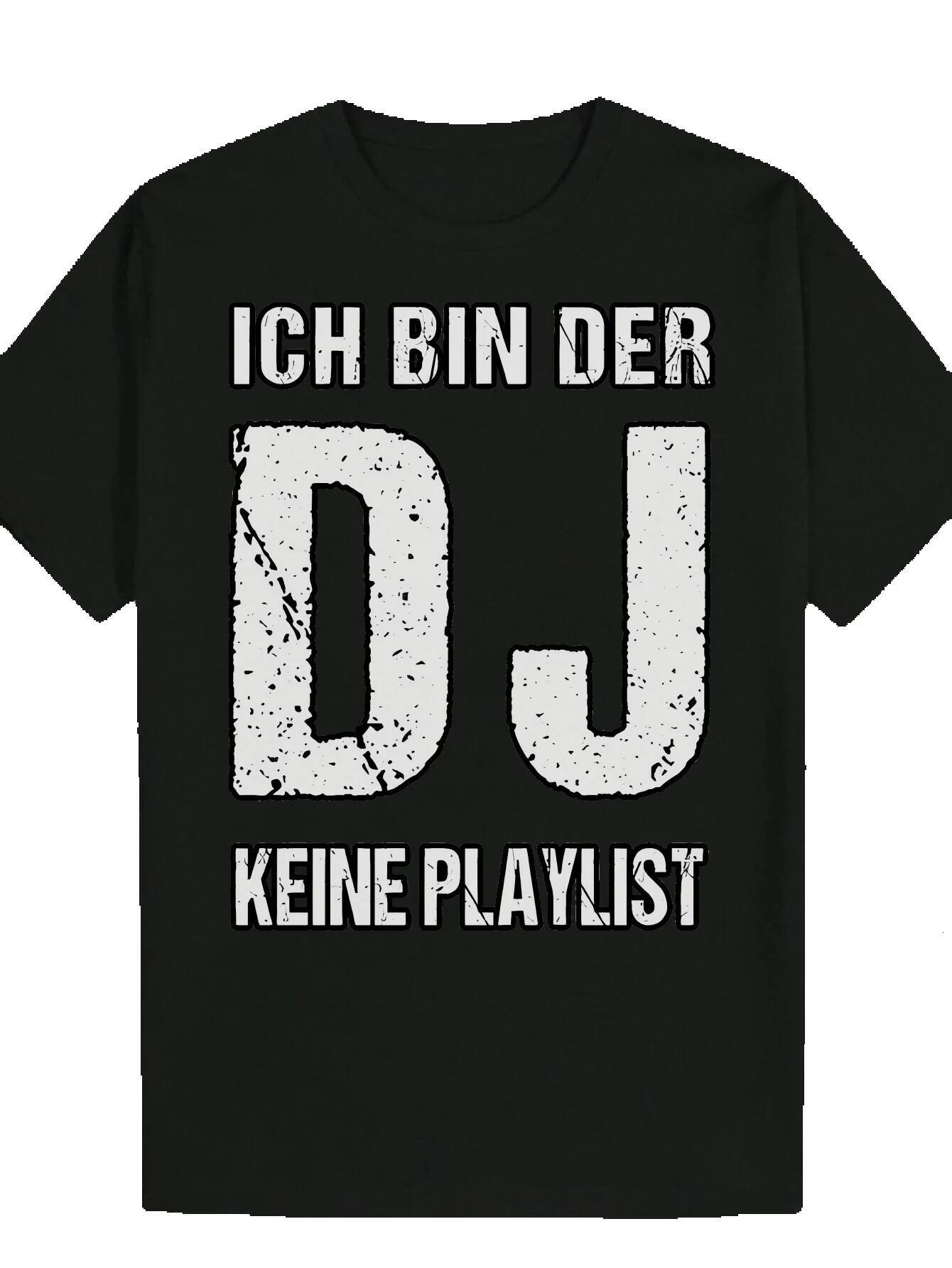 Men's Casual Round Neck Polyester with 'ICH BIN DER DJ' Letter Print, Regular Fit, Summer Fashion, Elastic Fabric, Music Theme Design, 