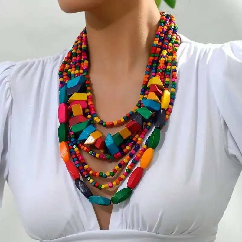 Vintage Bohemian Style Multi-layer Colorful Wooden Beads Hand-beaded Necklace For Women Trend 2025 Casual Party Jewelry Jewelry for Women