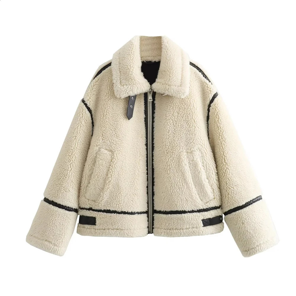 RARF Autumn Womens European and American Style Artificial Fur Effect Motorcycle Jacket Coat with Fur Integration 250805