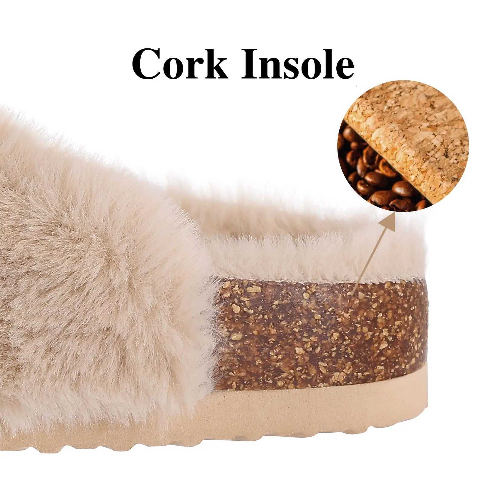 Evshine Womens Furry Cork Slippers Winter Soft Fluffy Open Toe Slippers With Adjustable Buckle Indoor Fashion Plush House Shoes XJ250811
