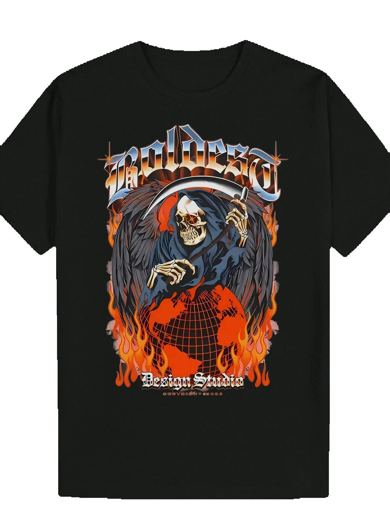 Polyester Round Neck - Bold Skeleton Design, Black with Orange Flames, Summer T-Shirt, Men's Casual Shirt Pattern Printed T-Shirt | Smooth textur