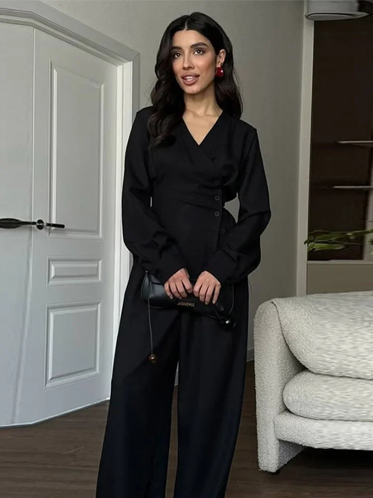 Elegant Vneck Shirt Pants Set Women Slim Button Long Sleeve Top Wide Leg Trousers Lady Suit Casual Chic Female Outfits 250811