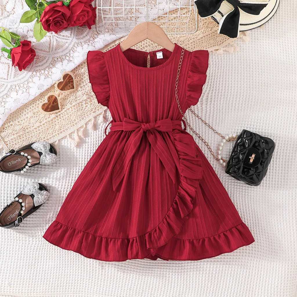 Summer Kids Dresses for Girls Ruffle Sleeve Birthday Party Clothes Solid Color Sweet Princess Dress Children Holiday Wear 3-8 Years W250811