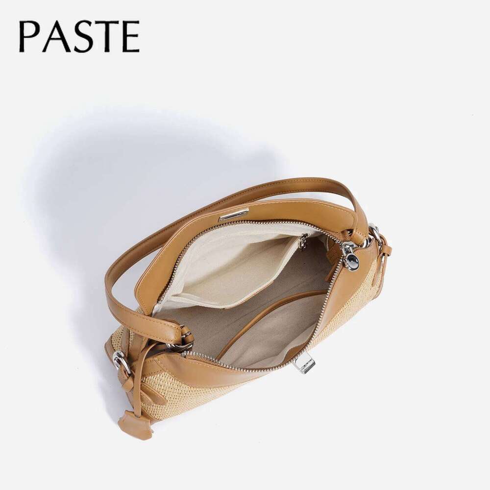 Leisure Handmade Woven Grass Weaving Summer Beach Tote Bag All-match Straw+ Split Leather Long-handle Women Handbag Hit-color