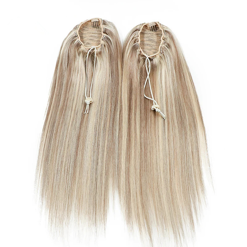 Ombre Blonde Drawstring Ponytail Human Hair Straight Real Natural Hair Extensions Drawstring Closure Fake Hair Tail for Women p27/613 100g 120g