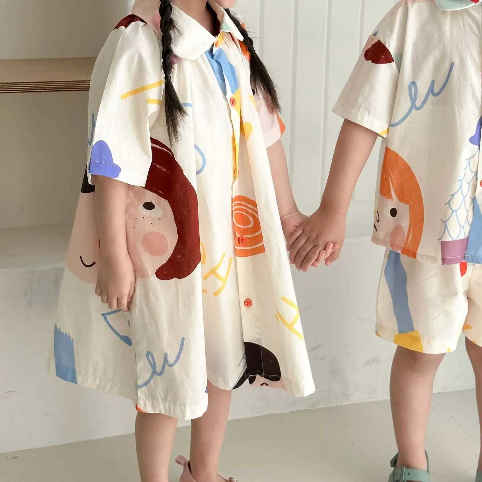 2025 Summer New Kids Set Brother And Sister Clothes Boys Two Piece Suit Or Short Sleeve Girls Graffiti Dress Clothes Z250811