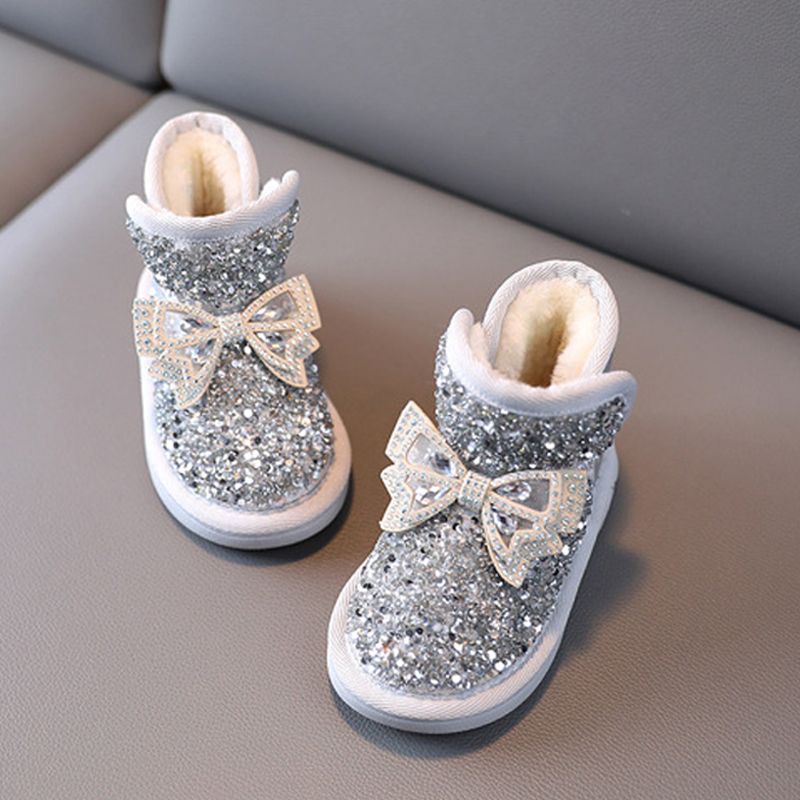 Girls Snow Boots Rhinestone Sequins Kids Fashion Winter Boots Princess Child Winter Cotton Plush Glitter Toddler Boots with Bow Cutefeet Classic Size 