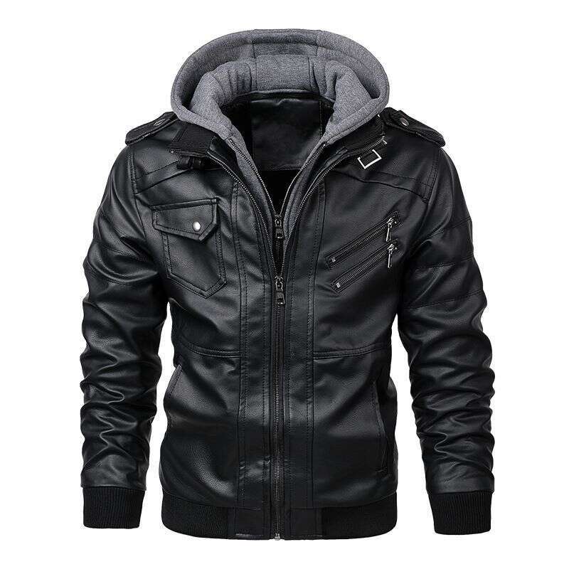 Slim-Fit Zipper Pu Fall Men's Leather Jacket Black