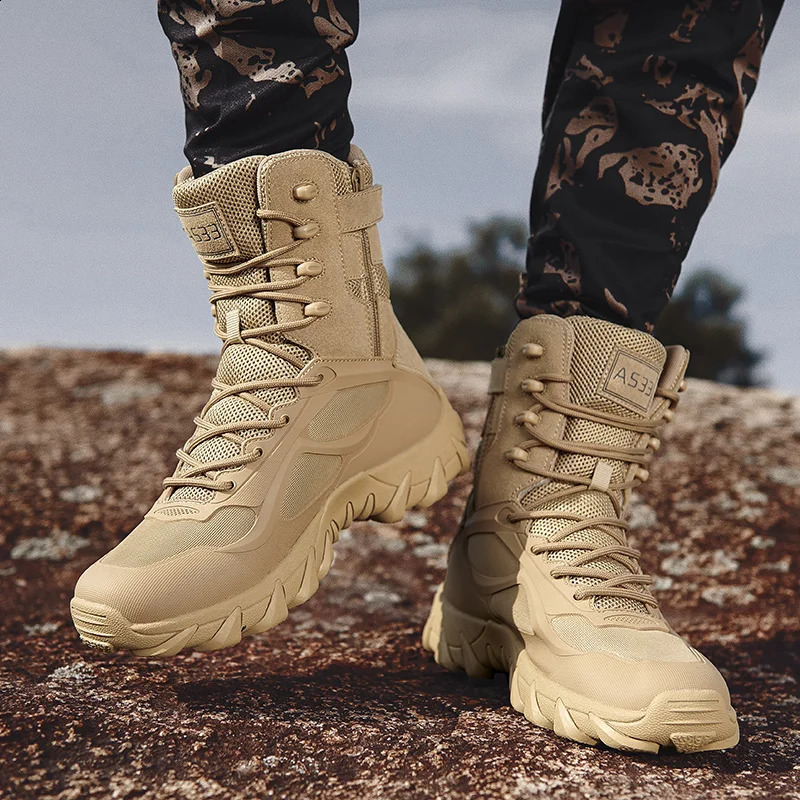 High Quality Mens High-Top Leather Boots Breathable Desert Combat Mens Boots Outdoor Shoes Non-slip Hiking Ankle Boots 250805