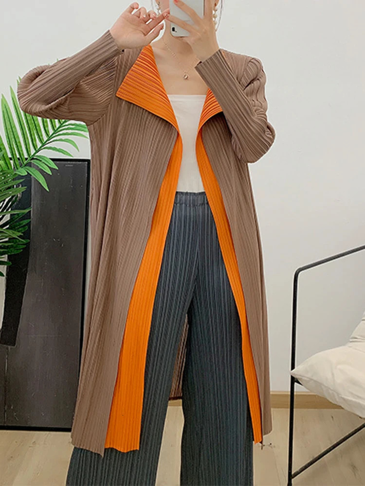 Miyake Double Layer Color Block Pleated Trench Coat Women Long Sleeve Lapel Medium Cardigan Elegant Windbreaker Lady 250809