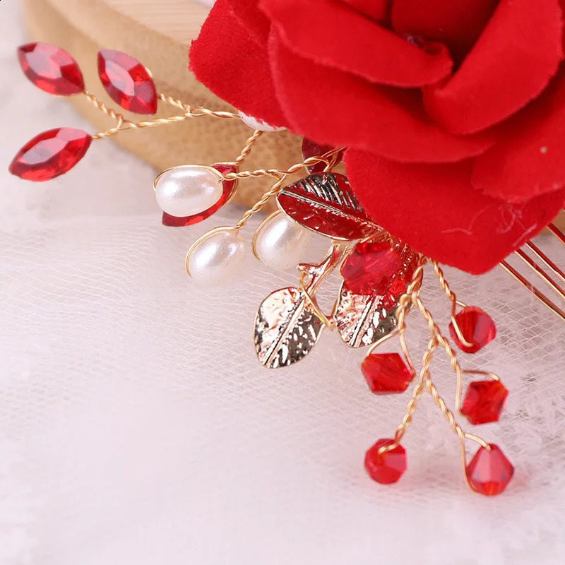 1310 Pcs Exquisite Rose Flower Hair Comb Pearl Red Floral Combs For Bridal Jewelry Tiaras Wedding Headdress 250804