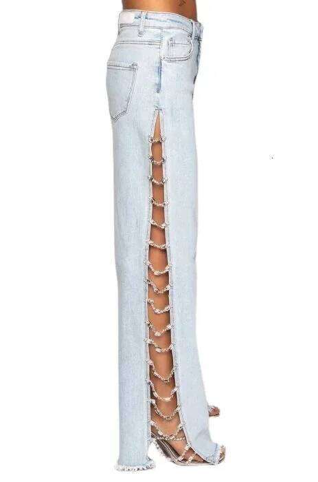 Denim Long with Drill Chains Straight Wide-leg High Waist Ripped Jeans for Women Summer Thin Side Slit Pants