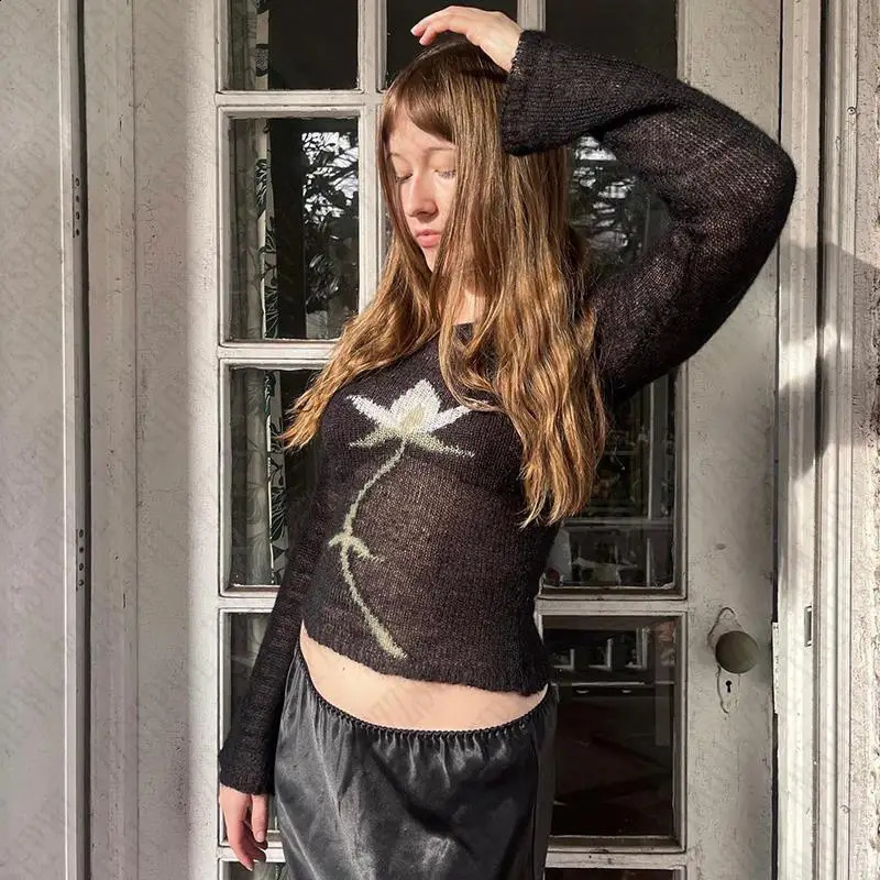 EMO Y2k Knitted sweater Flower Aesthetics Graphic Print Punk Streetwear Long sleeve Top Slim Rock Gothic Vintage Knitt Pullover 250811