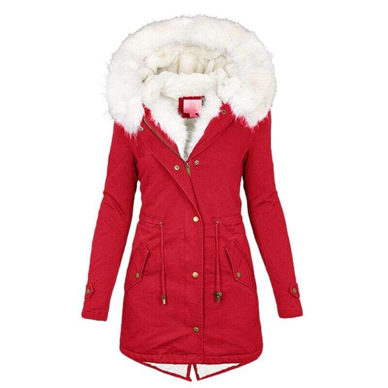 Women's cotton jacket with hooded leather collar, waist circumference, and thickened mid length