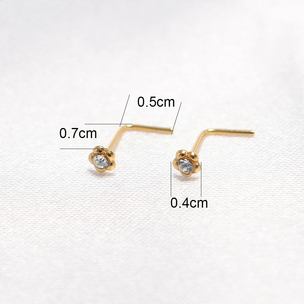 10pcs/lot Nose Studs L Shaped Clear Crystal 925 Sterling Silver Nose Piercing Stud Flower Nostril Jewelry color Gold 250807