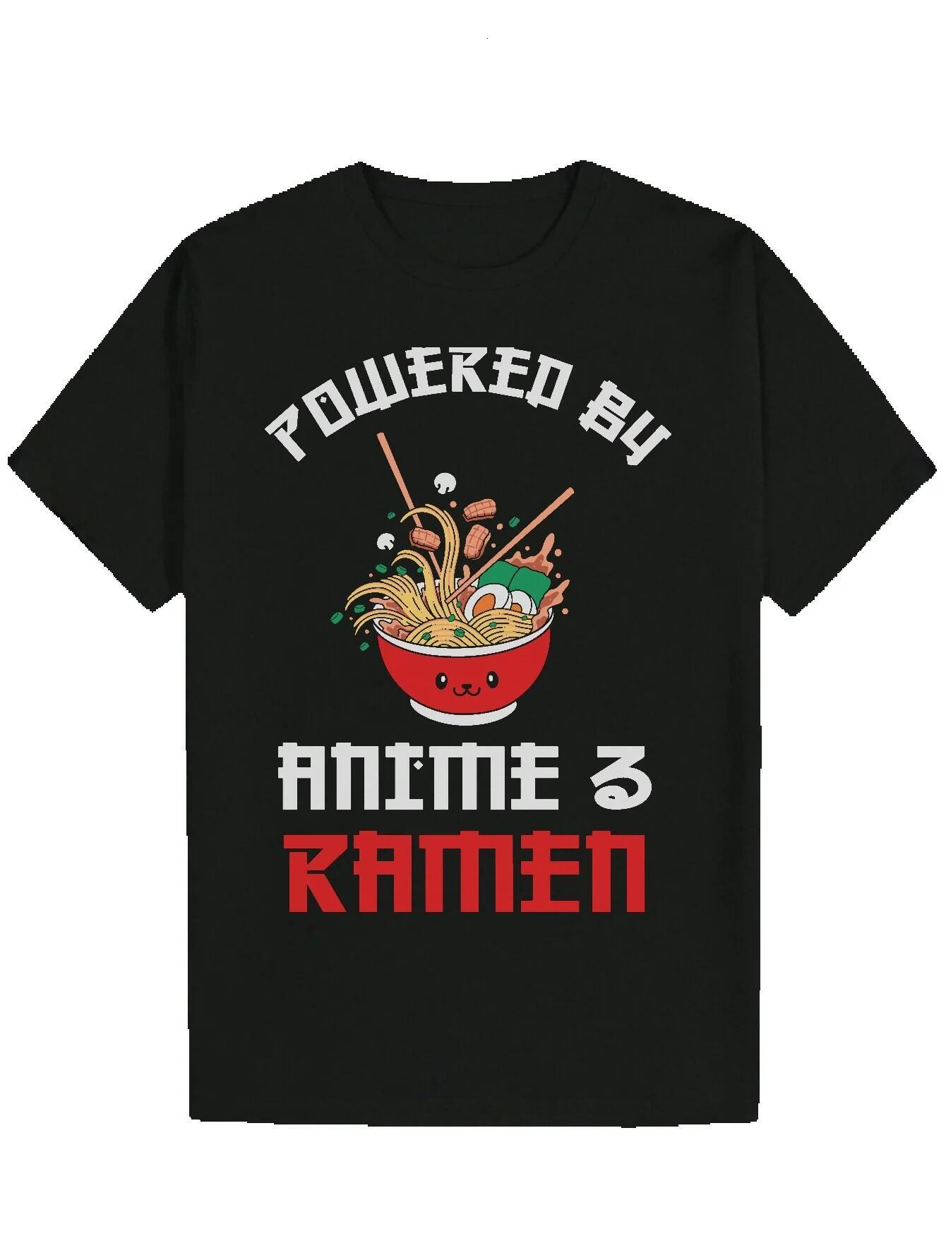 Men's Ramen Pattern T-Shirt - Designed with Anime and Ramen, Black Summer Casual T-Shirt, 100% Polyester, Machine Washable, Regular Fit, Breathab