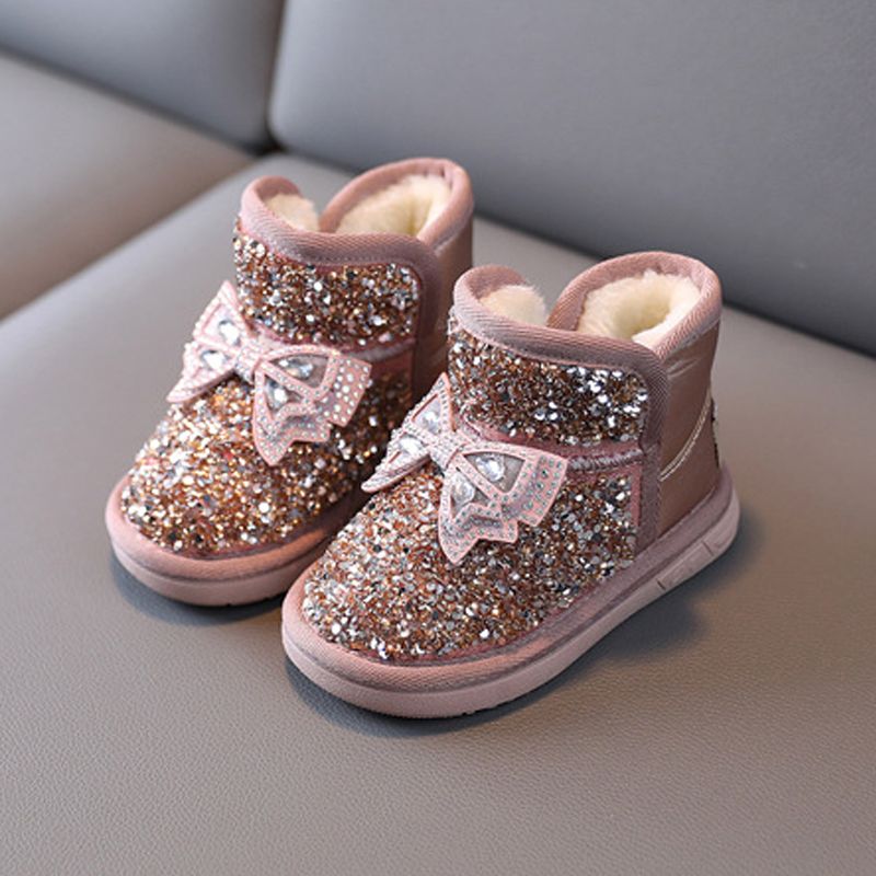 Girls Snow Boots Rhinestone Sequins Kids Fashion Winter Boots Princess Child Winter Cotton Plush Glitter Toddler Boots with Bow Cutefeet Classic Size 
