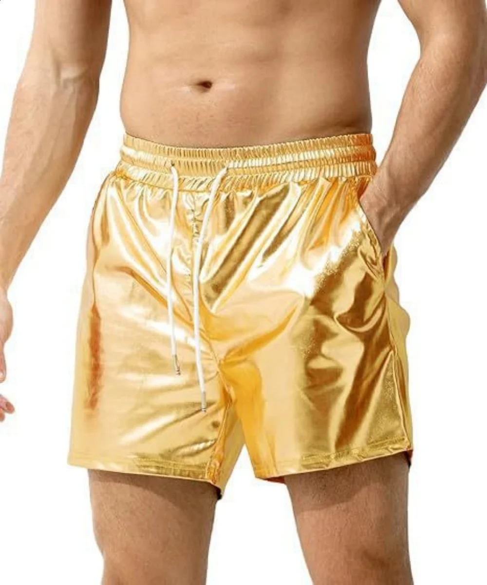 Mens Stage Performance Nightclub Shorts Bright Golden and Silvery Fashion Beach Board Short Pants 250729